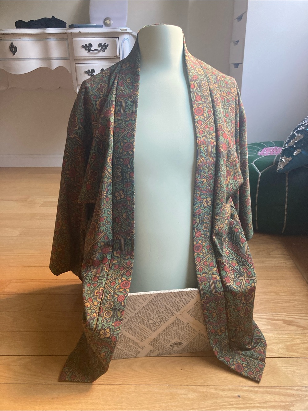 Vintage Women's Printed Open Kimono Jacket - Green Multi